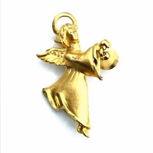 Vintage Signed goldtone Christmas Cherub Pin Pendant with Halo Dangling Bell